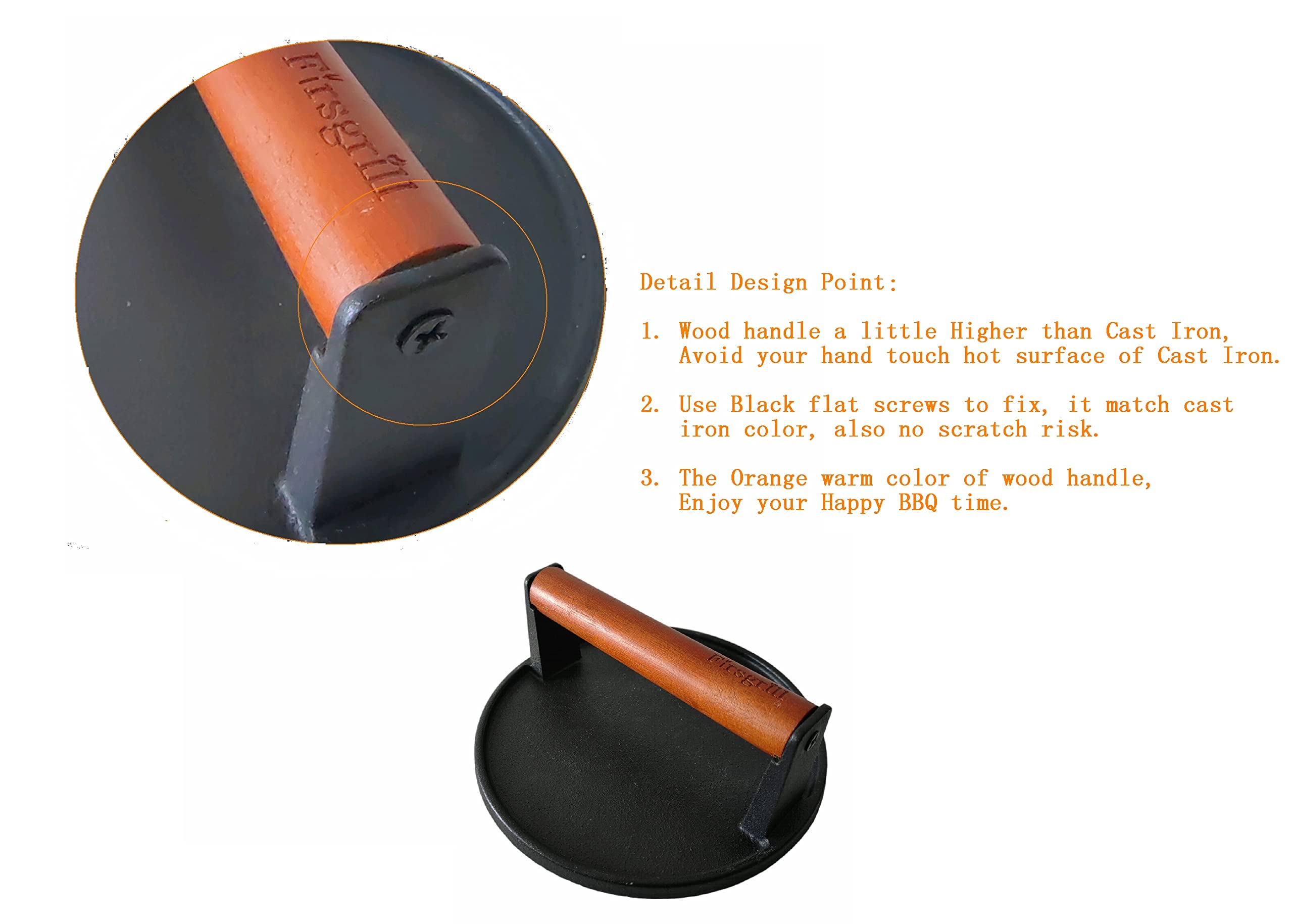 Firsgrill wood-handle press shows safe stay-cool grip during grilling.