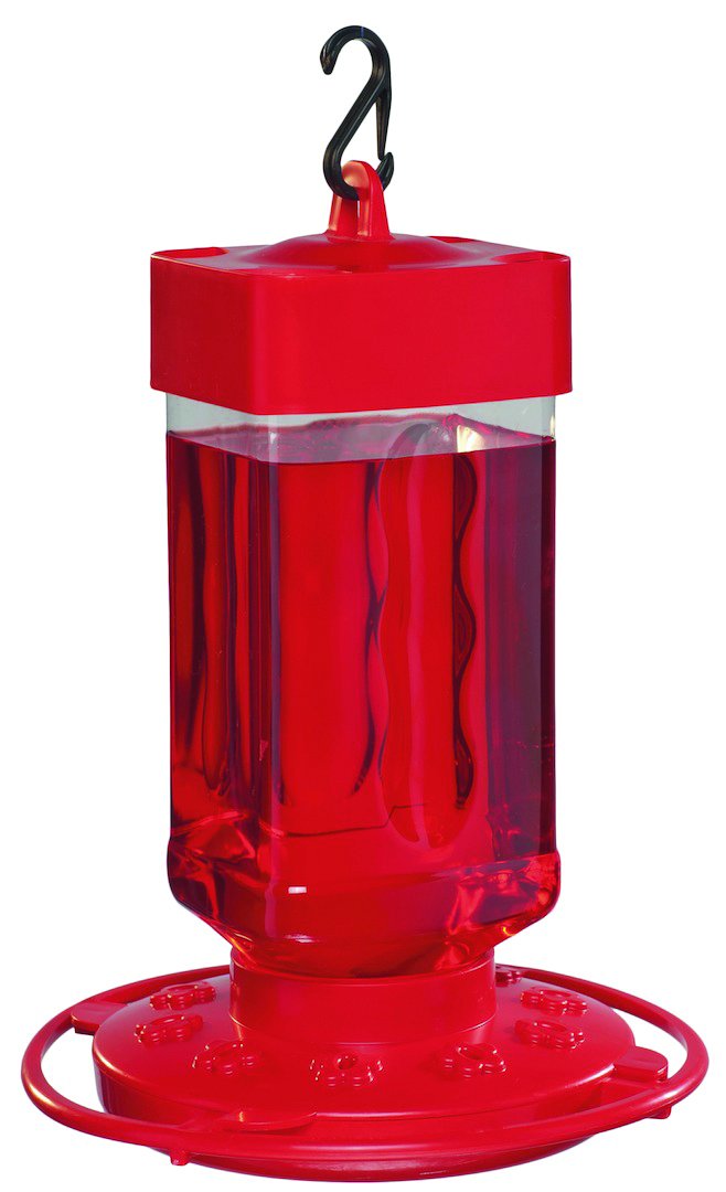 First Nature hummingbird feeder wide-mouth reservoir eases filling and cleaning.