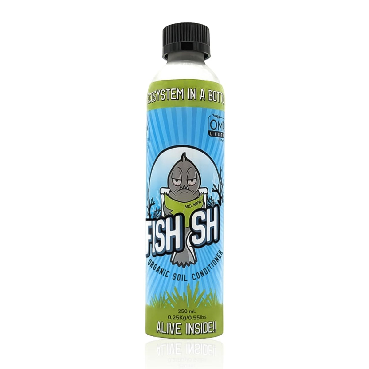 Fish Head Farms organic soil conditioner bottle highlights living microbes for healthier harvests.
