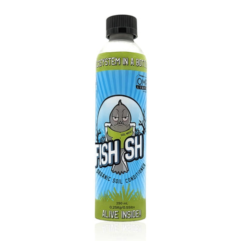 Fish Head Farms organic soil conditioner bottle highlights living microbes for healthier harvests.