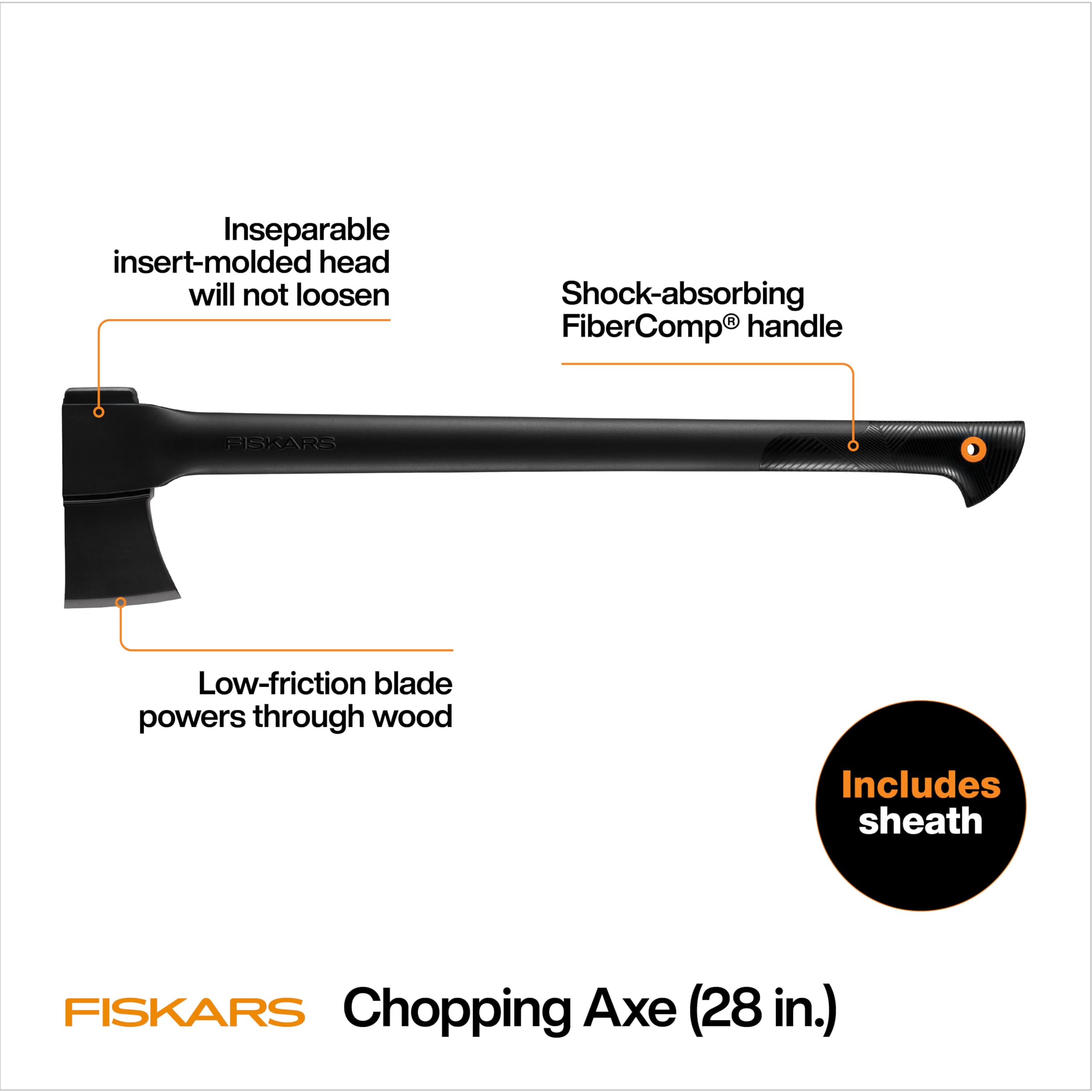Fiskars 28 inch chopping axe balanced design for smooth, precise swings.