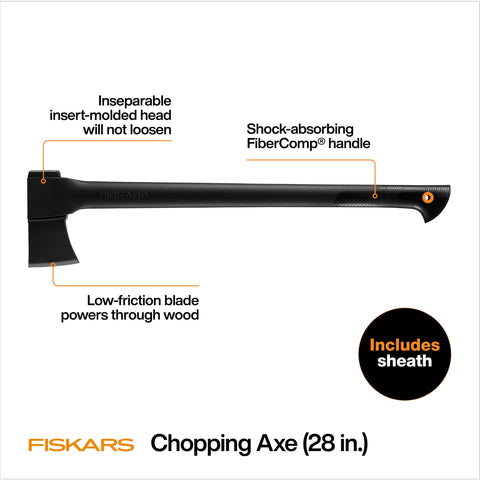 Fiskars 28 inch chopping axe balanced design for smooth, precise swings.