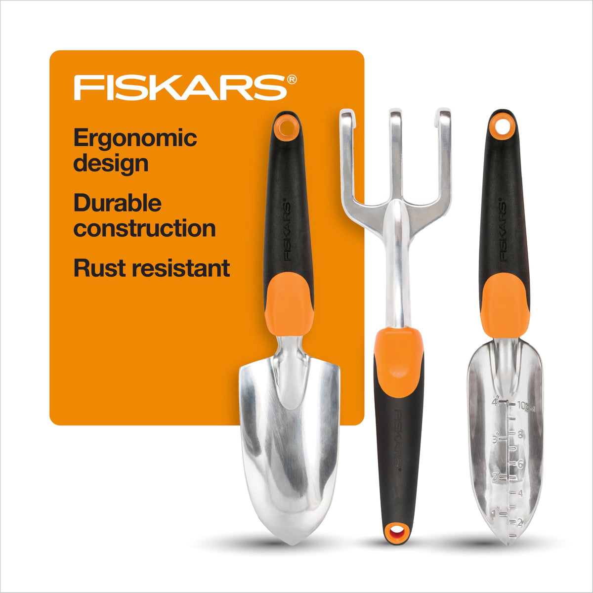 Fiskars 3-in-1 garden tool set for digging, planting, and cultivating.