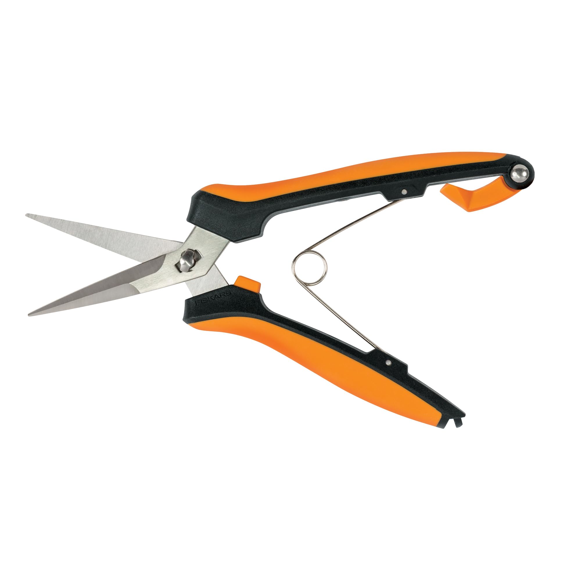Fiskars 6-inch curved snips in action for flowering trimming.