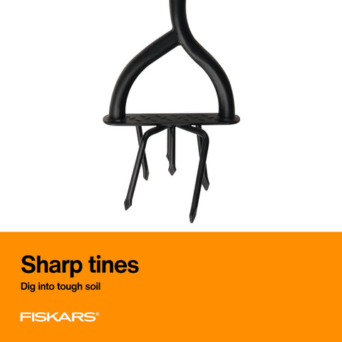 Arrow-tipped tines pierce compact soil for quicker tilling.