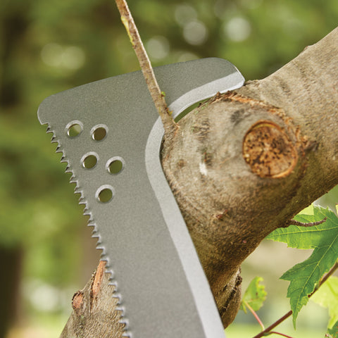 Fiskars billhook saw curve blade close-up for vine removal