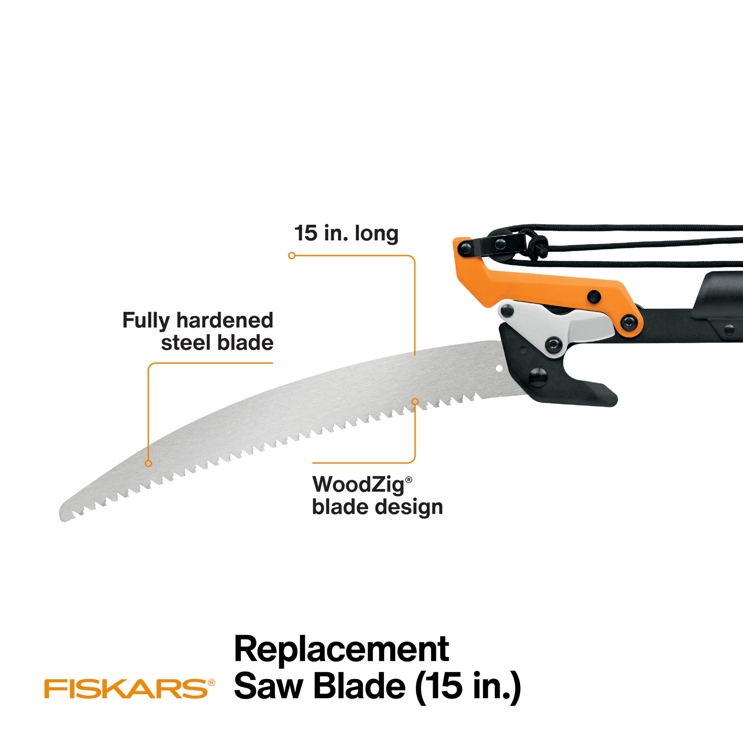 Fiskars blade offers extended reach for overhead pruning tasks.