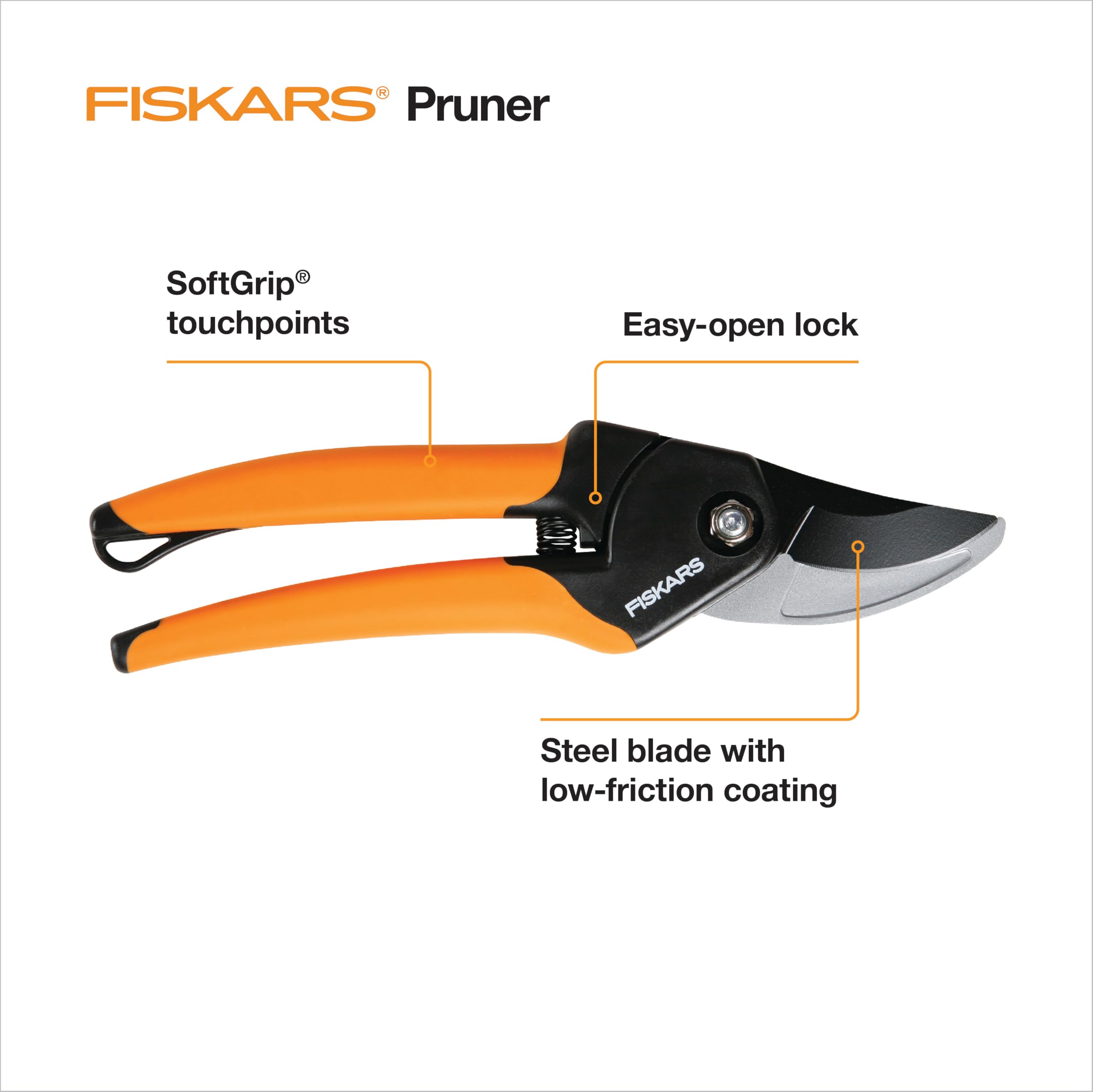 Fiskars bypass pruner blade close-up showing sharp steel for clean pruning