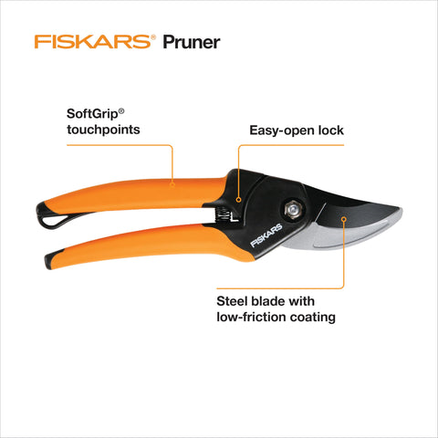 Fiskars bypass pruner blade close-up showing sharp steel for clean pruning