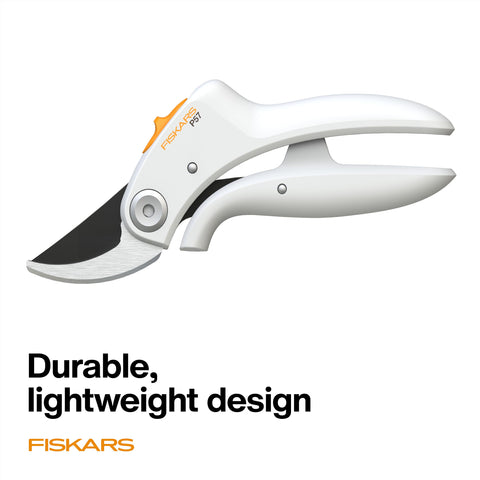Fiskars pruner with lightweight FiberComp handles reduces fatigue during pruning.