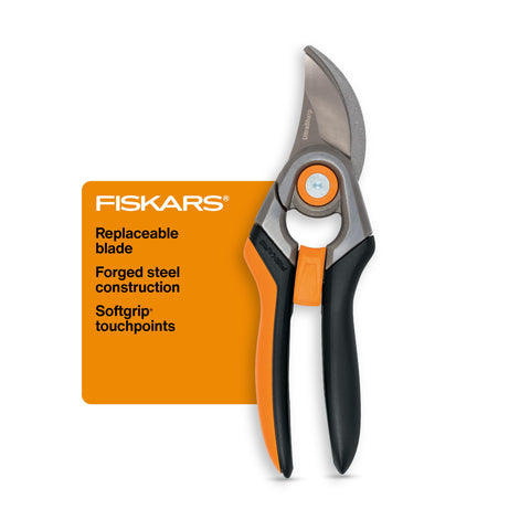 Fiskars bypass pruning shears with 1-inch cut capacity for clean cuts in dense branches.