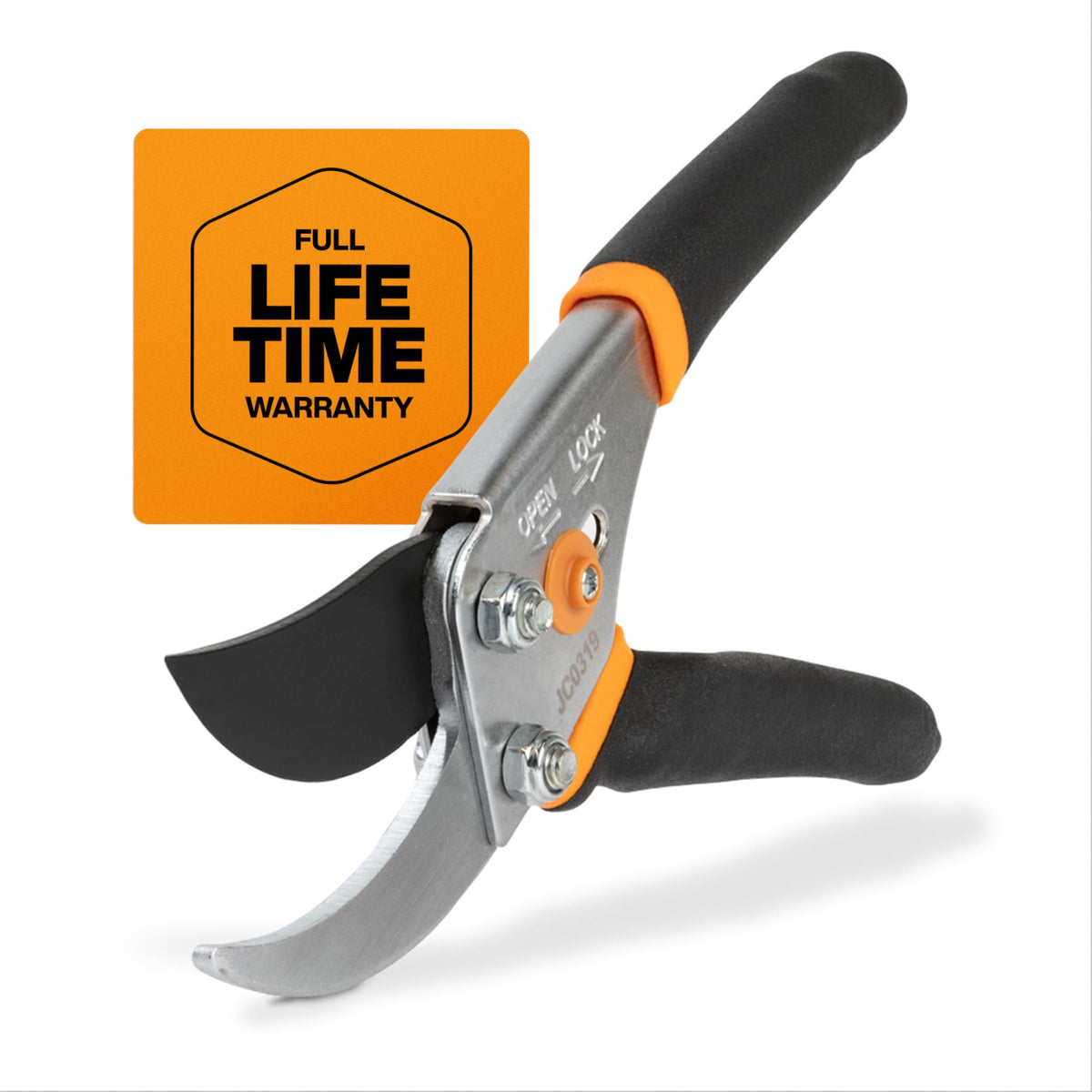 Fiskars bypass pruning shears blade close-up showing a sharp steel edge for precise cuts