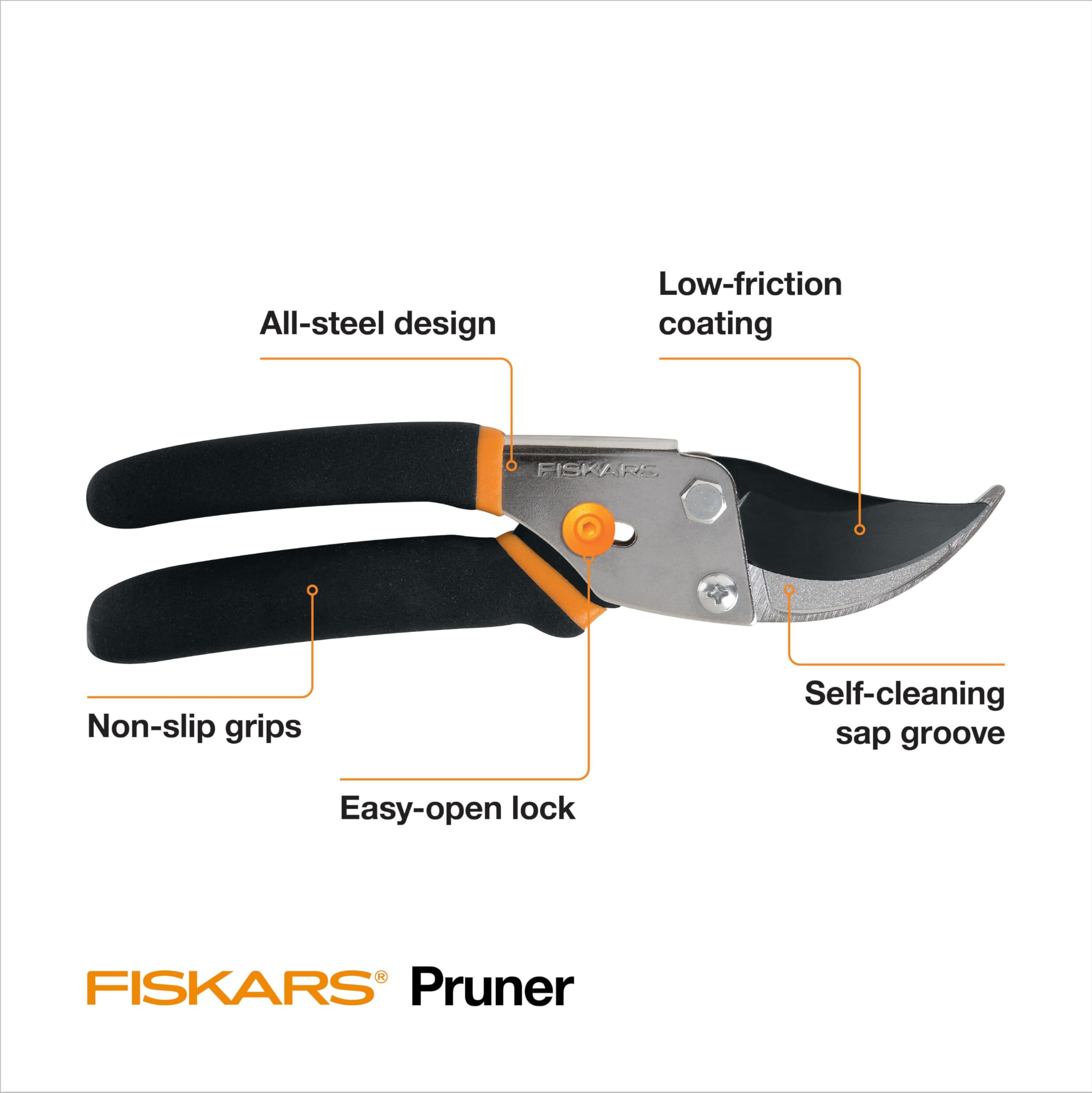 Fiskars pruning shears easy-open lock and non-slip grip in use
