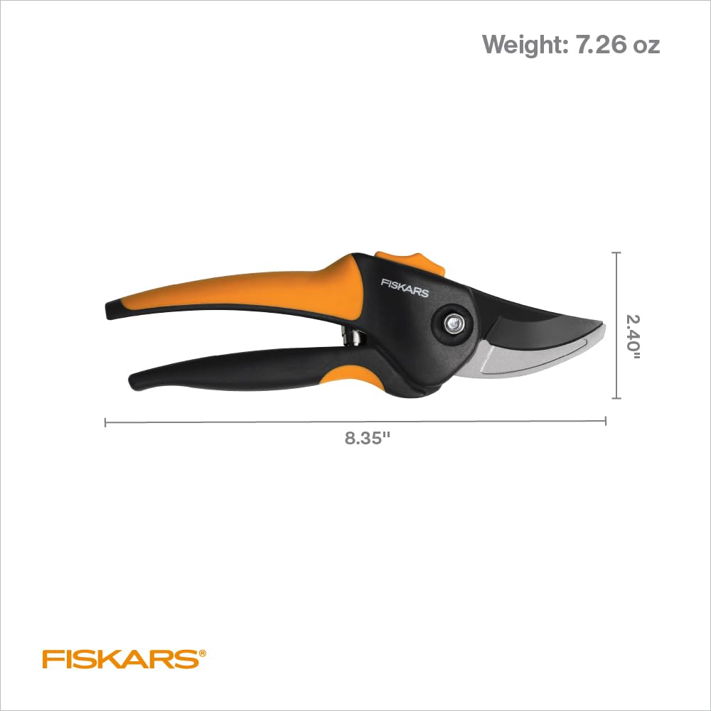 Fiskars bypass pruning shears ergonomic handle reducing fatigue during pruning.