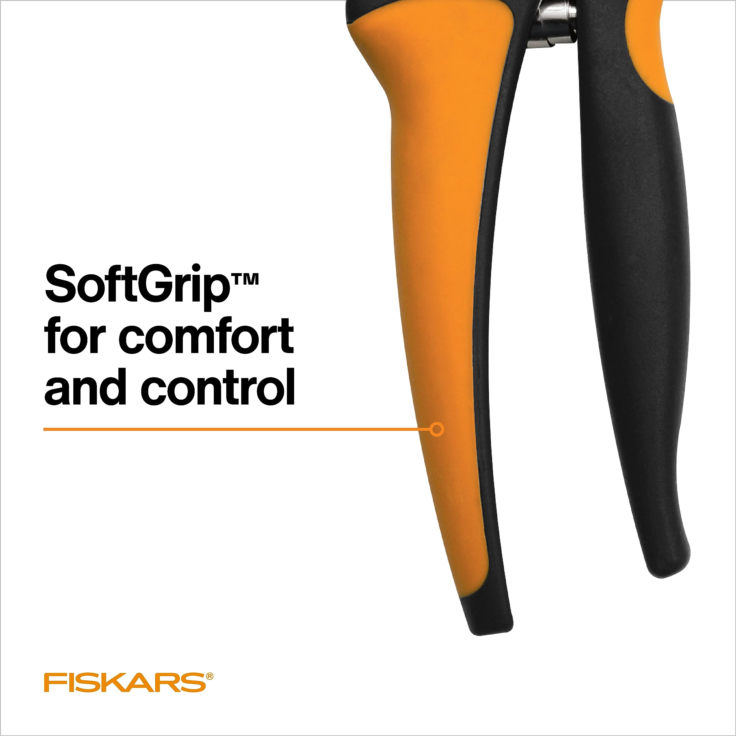 Fiskars bypass pruning shears non-slip grip and secure lock for control.