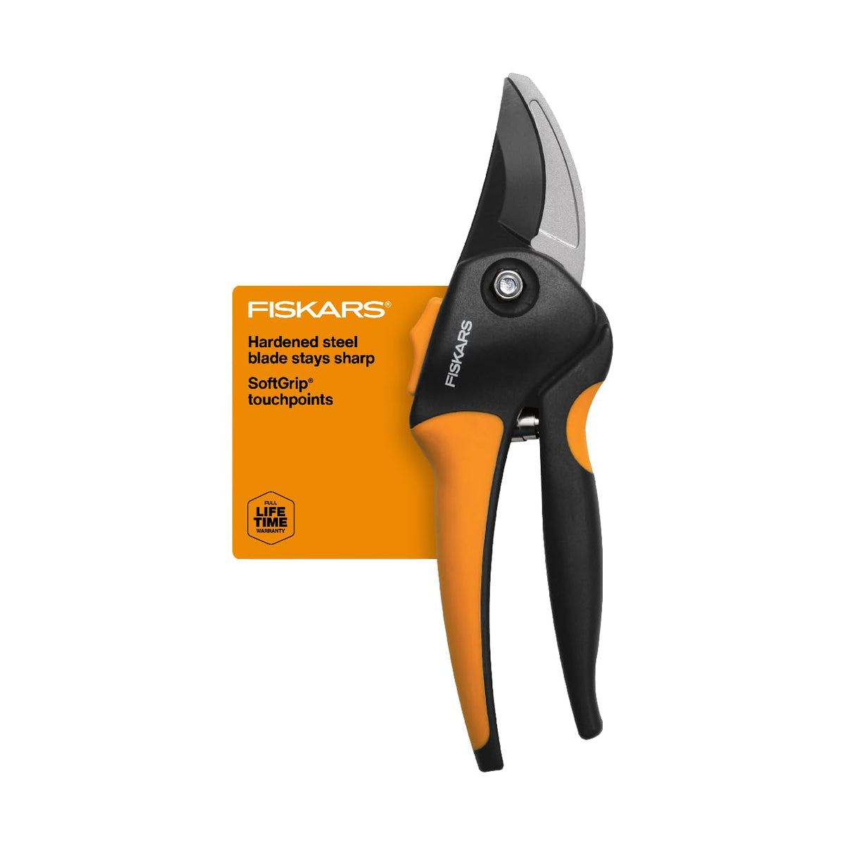 Fiskars bypass pruning shears with steel blade for precise stem cuts.