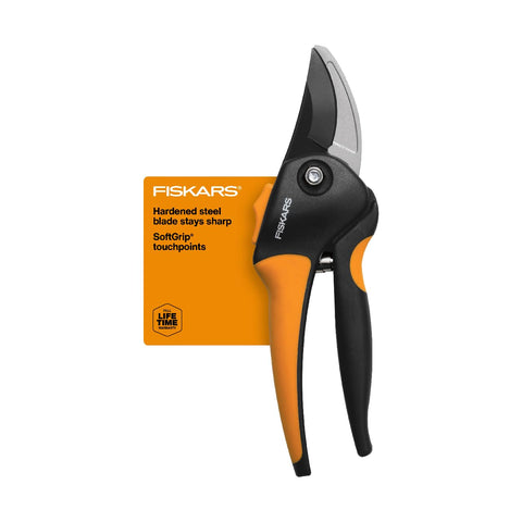 Fiskars bypass pruning shears with steel blade for precise stem cuts.
