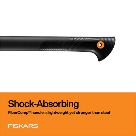 Fiskars chopping axe lifetime warranty signifying trusted outdoor tool.