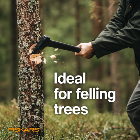 Fiskars chopping axe ready for transport and storage.