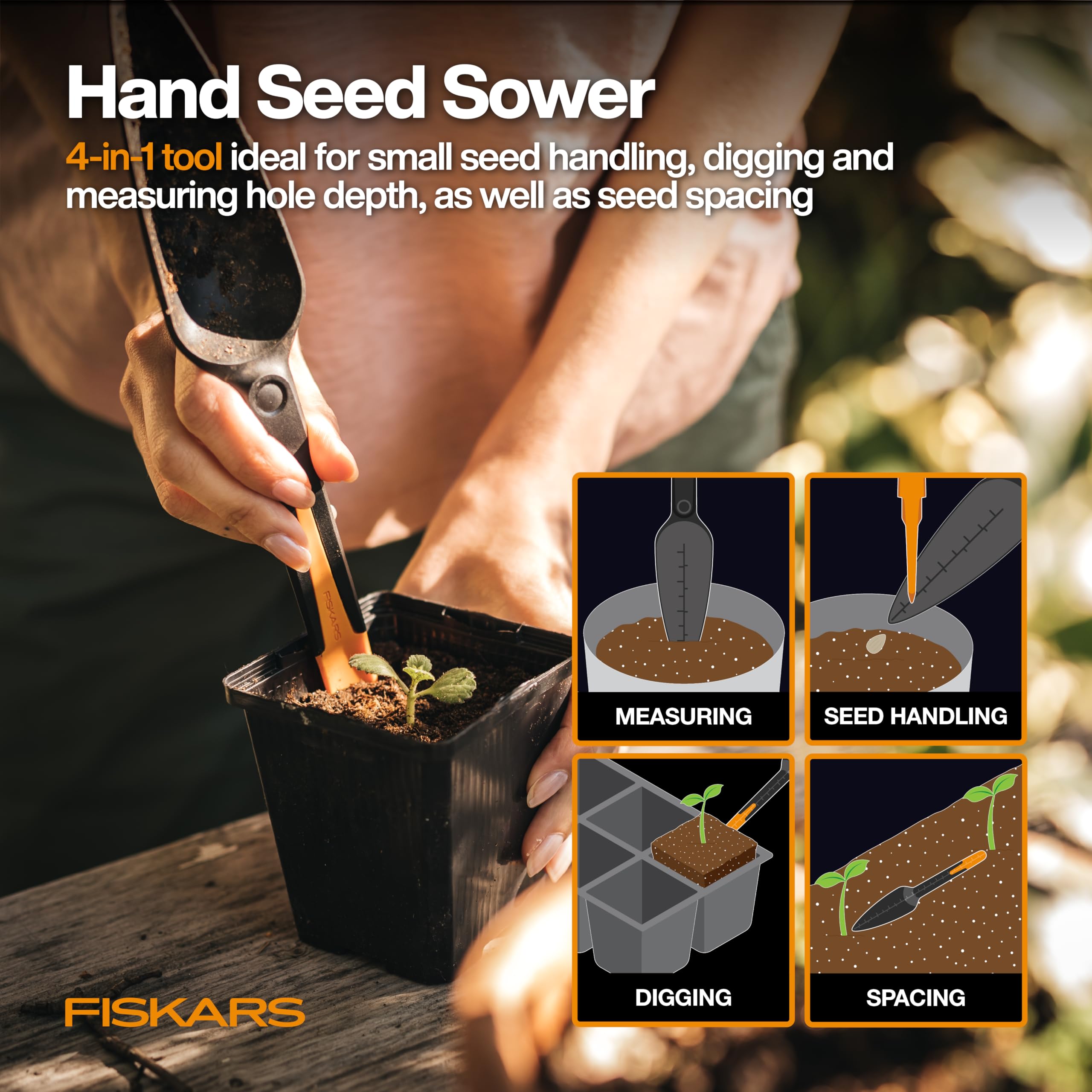 Fiskars cultivator head delivers easy soil aeration and loosened beds.