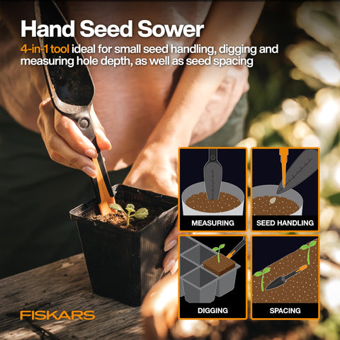 Fiskars cultivator head delivers easy soil aeration and loosened beds.
