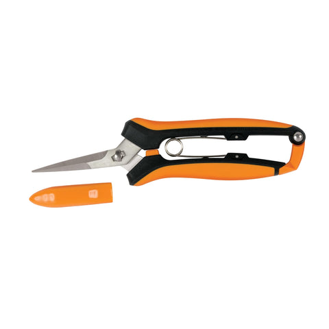 Fiskars curved micro-tip pruning snips with sheath for precise trimming.