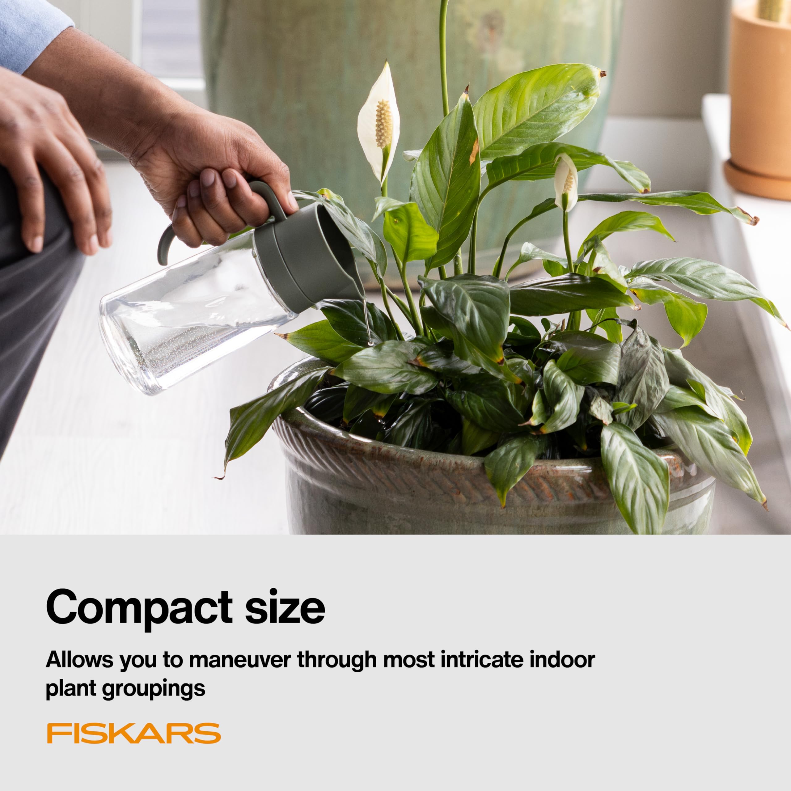 Fiskars drip-free spout close-up for controlled water delivery