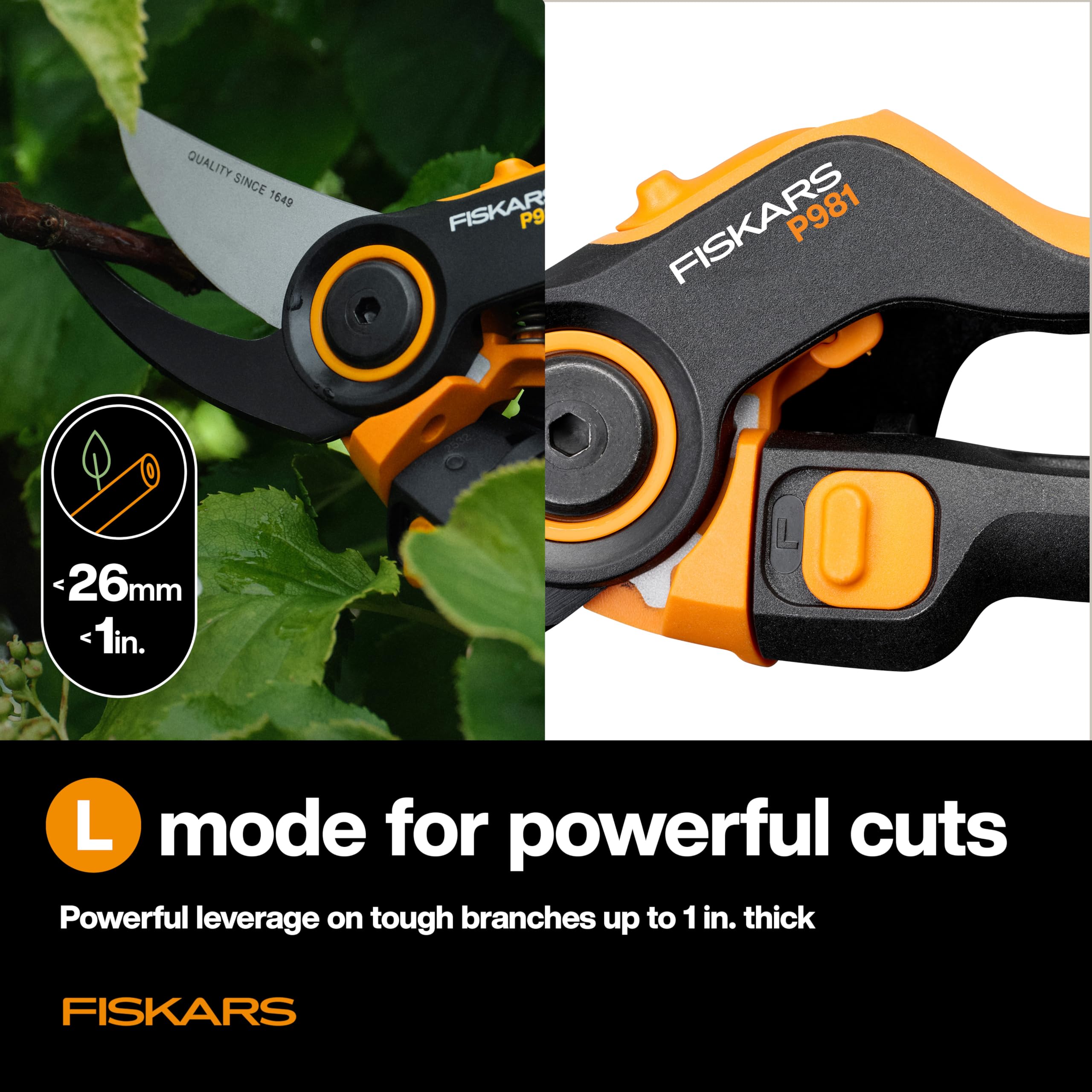 Fiskars DualAction Pruner FiberComp frame closeup highlighting durability