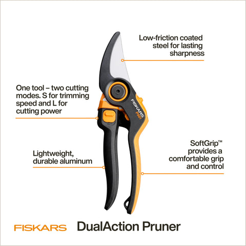 Fiskars DualAction Pruner L-mode leverage closeup for thicker branches