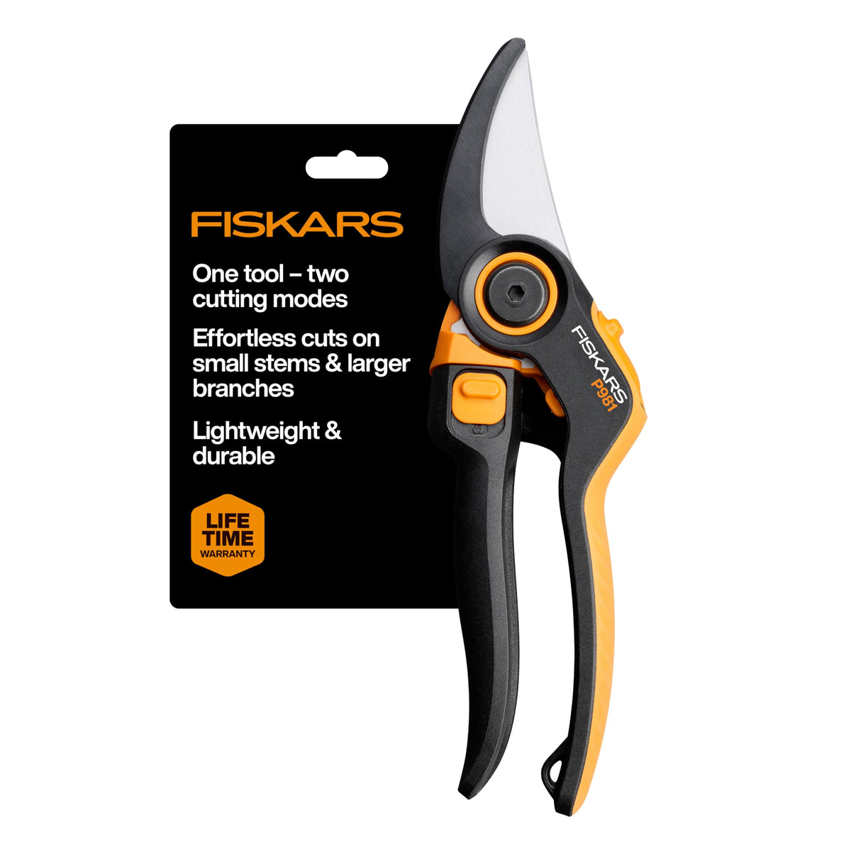 Fiskars DualAction Pruner S-mode closeup for precise cuts on slender stems
