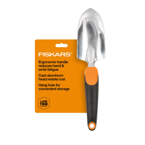 Fiskars Ergo Trowel with aluminum head for durable soil digging.