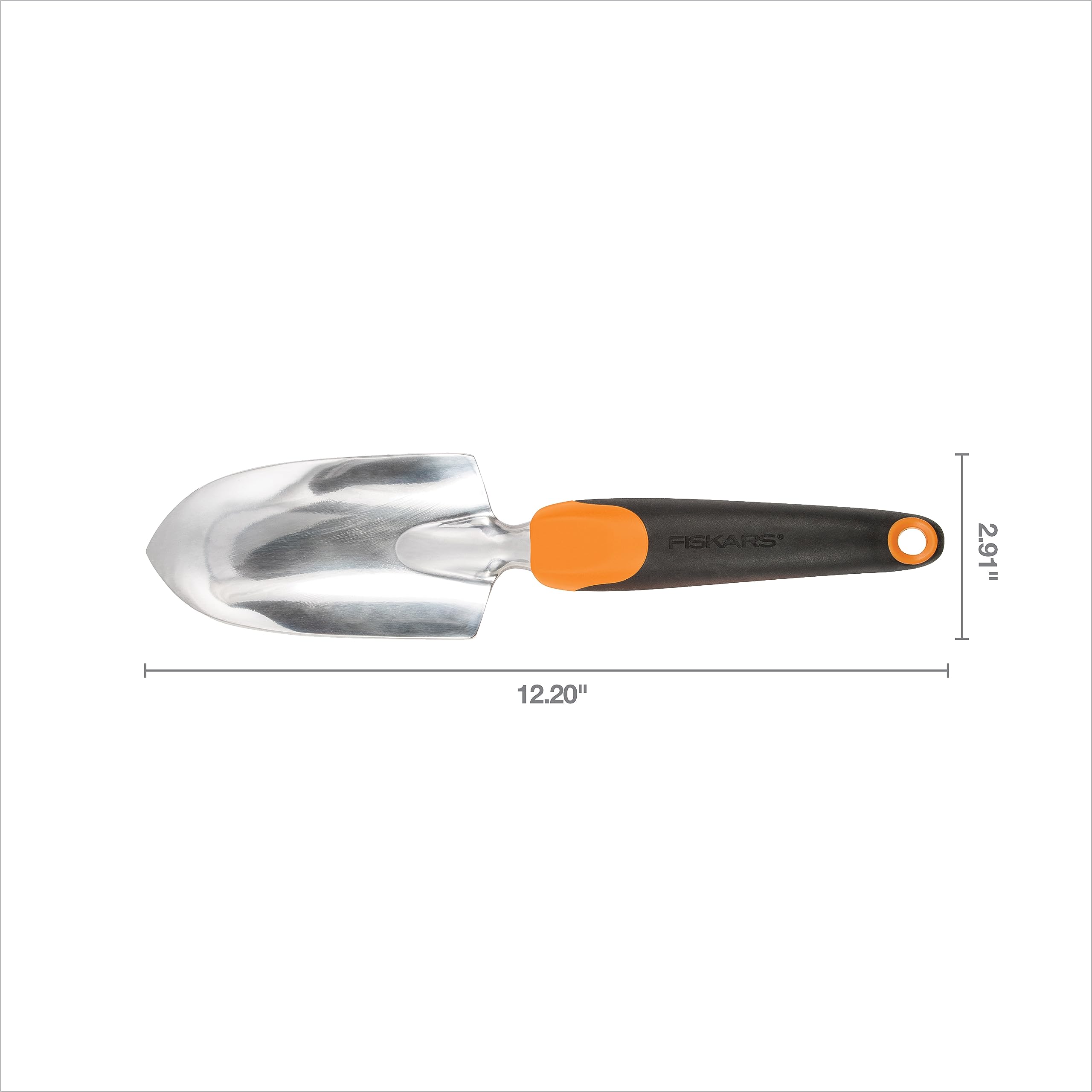 Fiskars Ergo Trowel polished head stays sharp through heavy use.