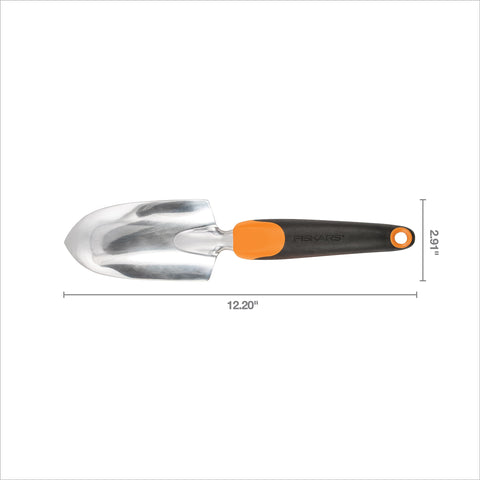 Fiskars Ergo Trowel polished head stays sharp through heavy use.