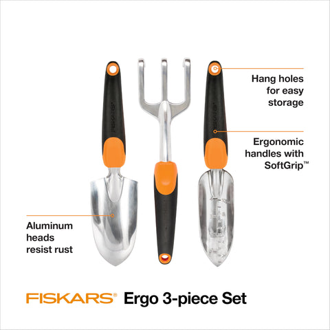 Fiskars Ergo Trowel for precise digging with soft-grip comfort.