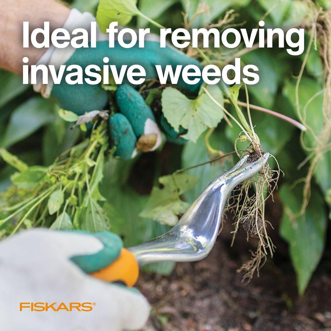 Fiskars Ergo Weeder in use uprooting dandelions and thistles.