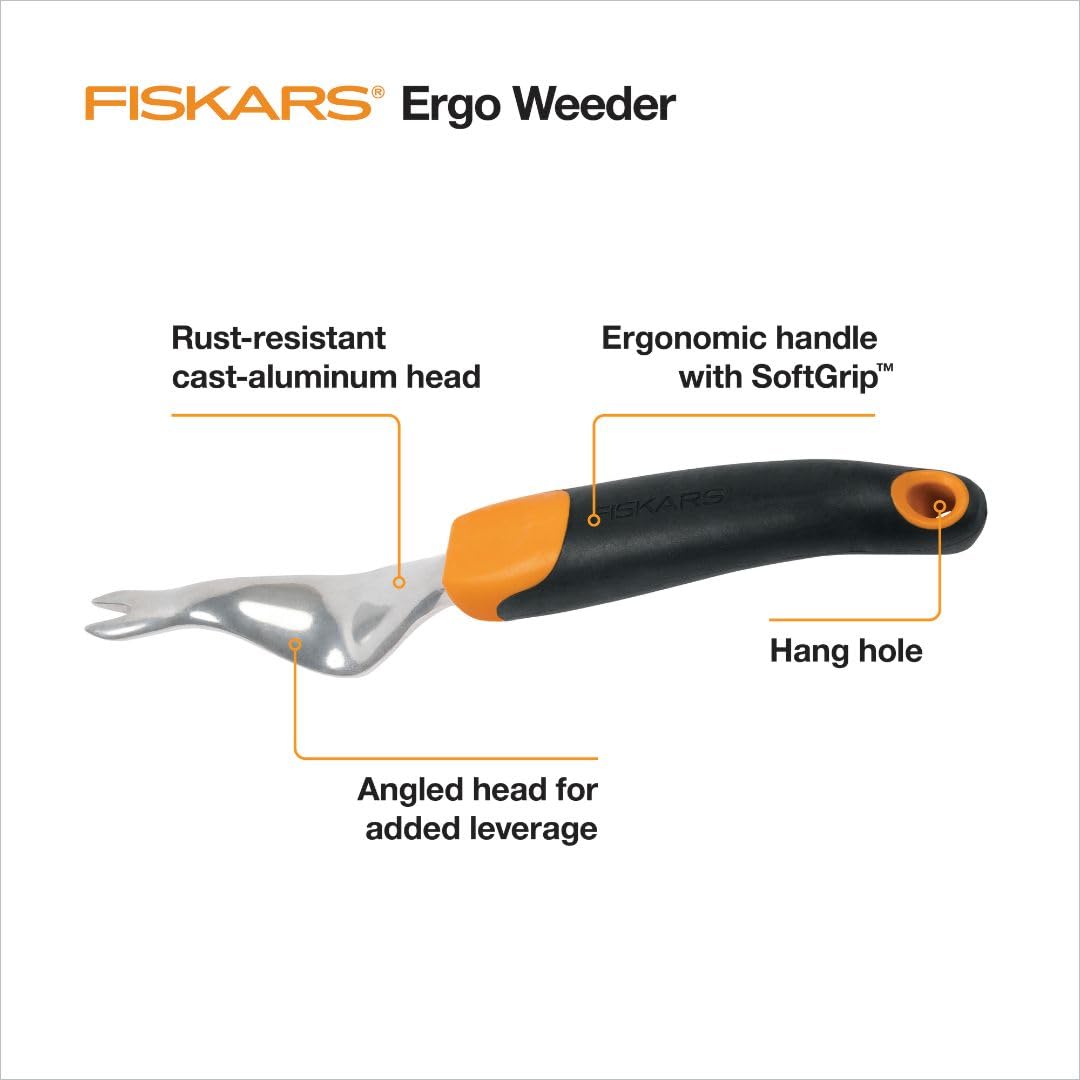 Fiskars Ergo Weeder SoftGrip provides a secure, comfortable grip for precise weed removal.