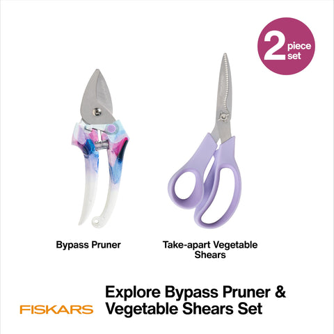Fiskars Explore Vegetable Shears with serrated edge gripping stems securely