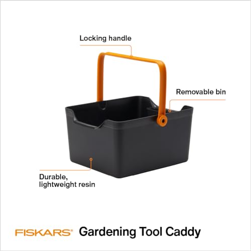 Fiskars Garden Tool Caddy locking handle provides stable one-handed transport.