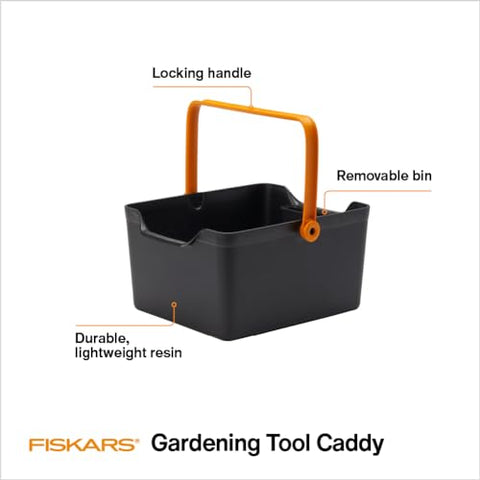 Fiskars Garden Tool Caddy locking handle provides stable one-handed transport.