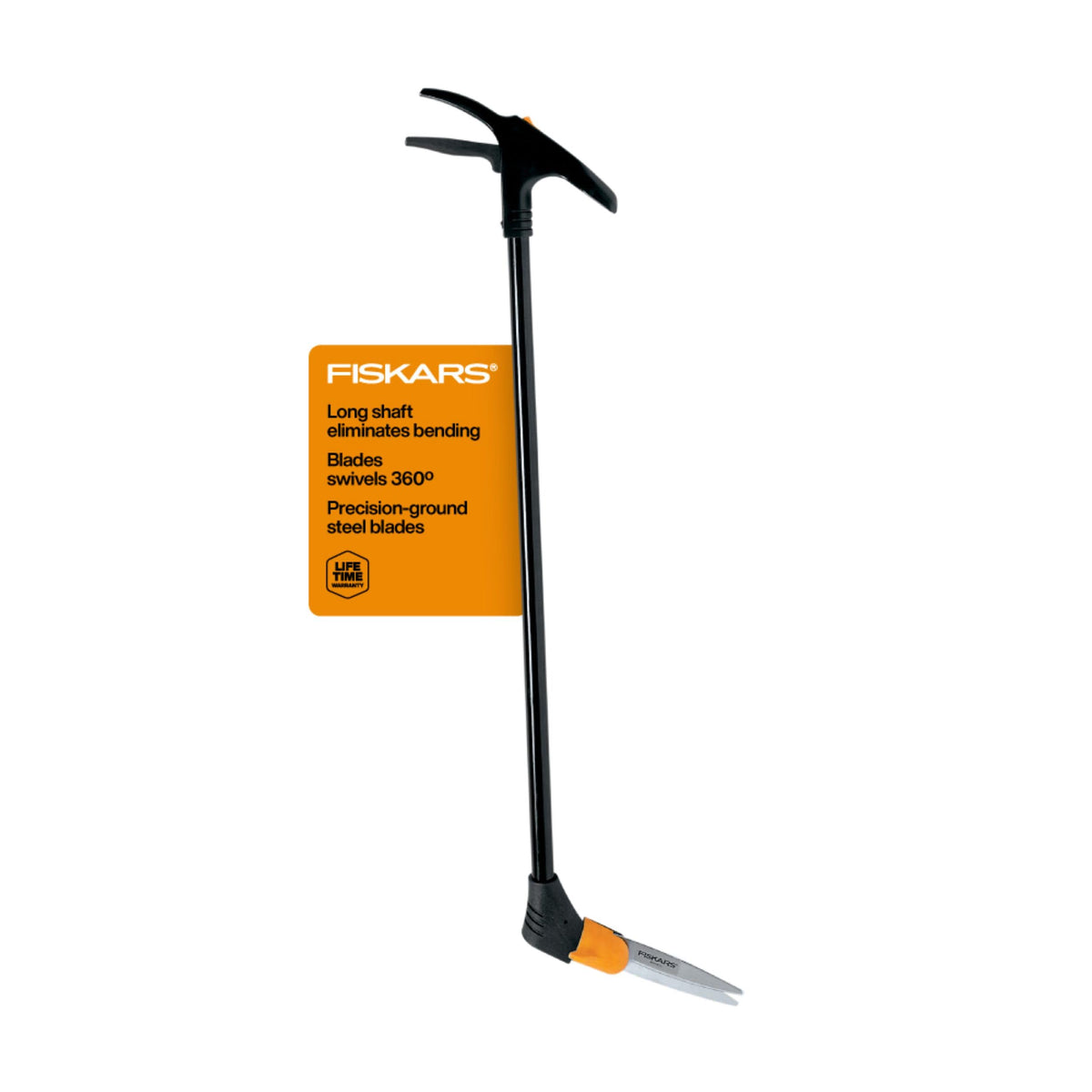 Fiskars grass shears long-handle with 360-degree rotation enables standing trimming.