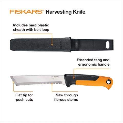 Fiskars Harvesting Knife flat tip focuses on push cuts for clean fruit stems.