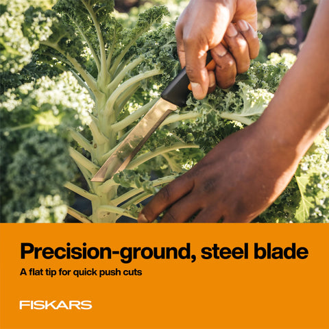 Fiskars Harvesting Knife serrated section enables fibrous stem slicing in tough plants.