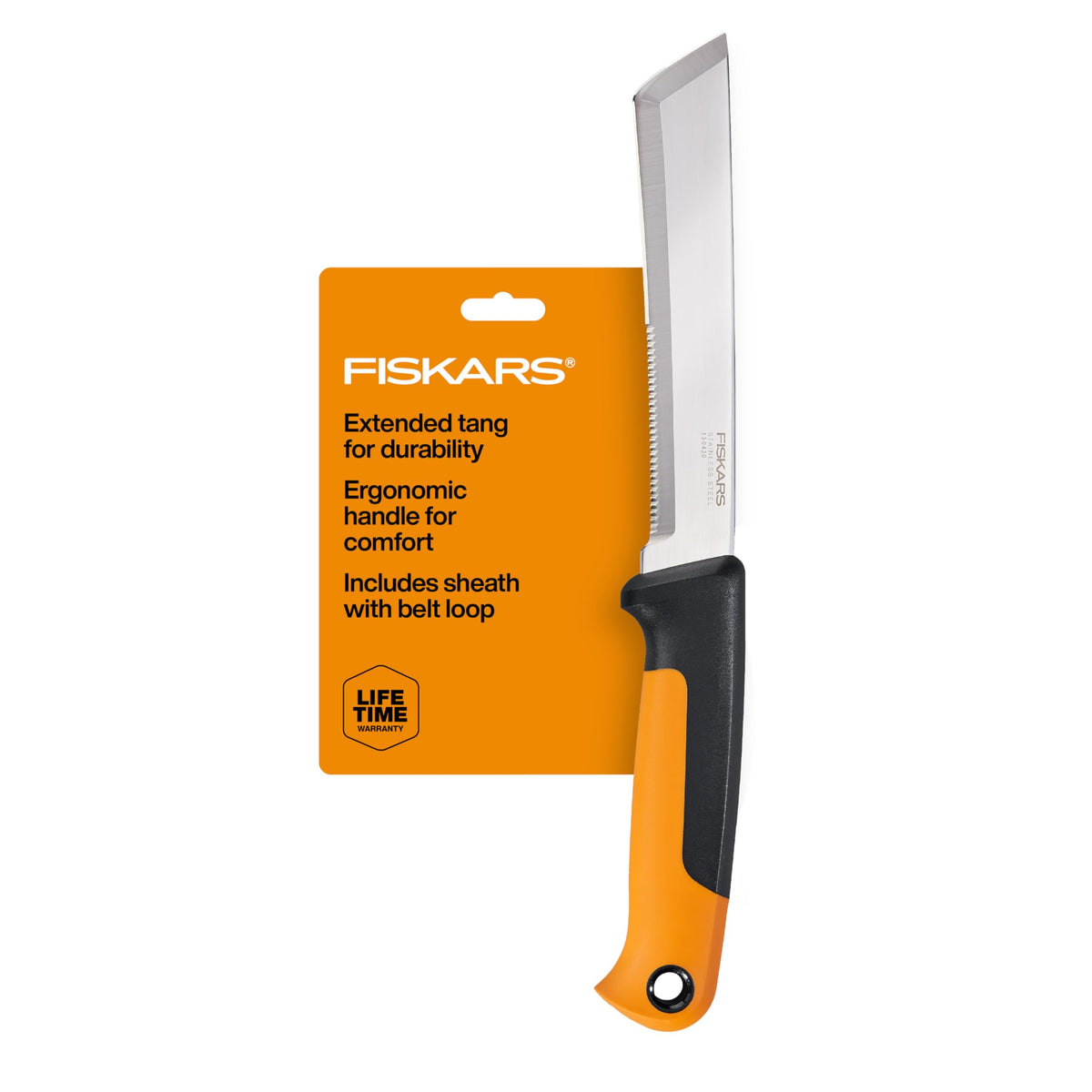 Fiskars Harvesting Knife with sheath for safe transport and quick access in the garden.