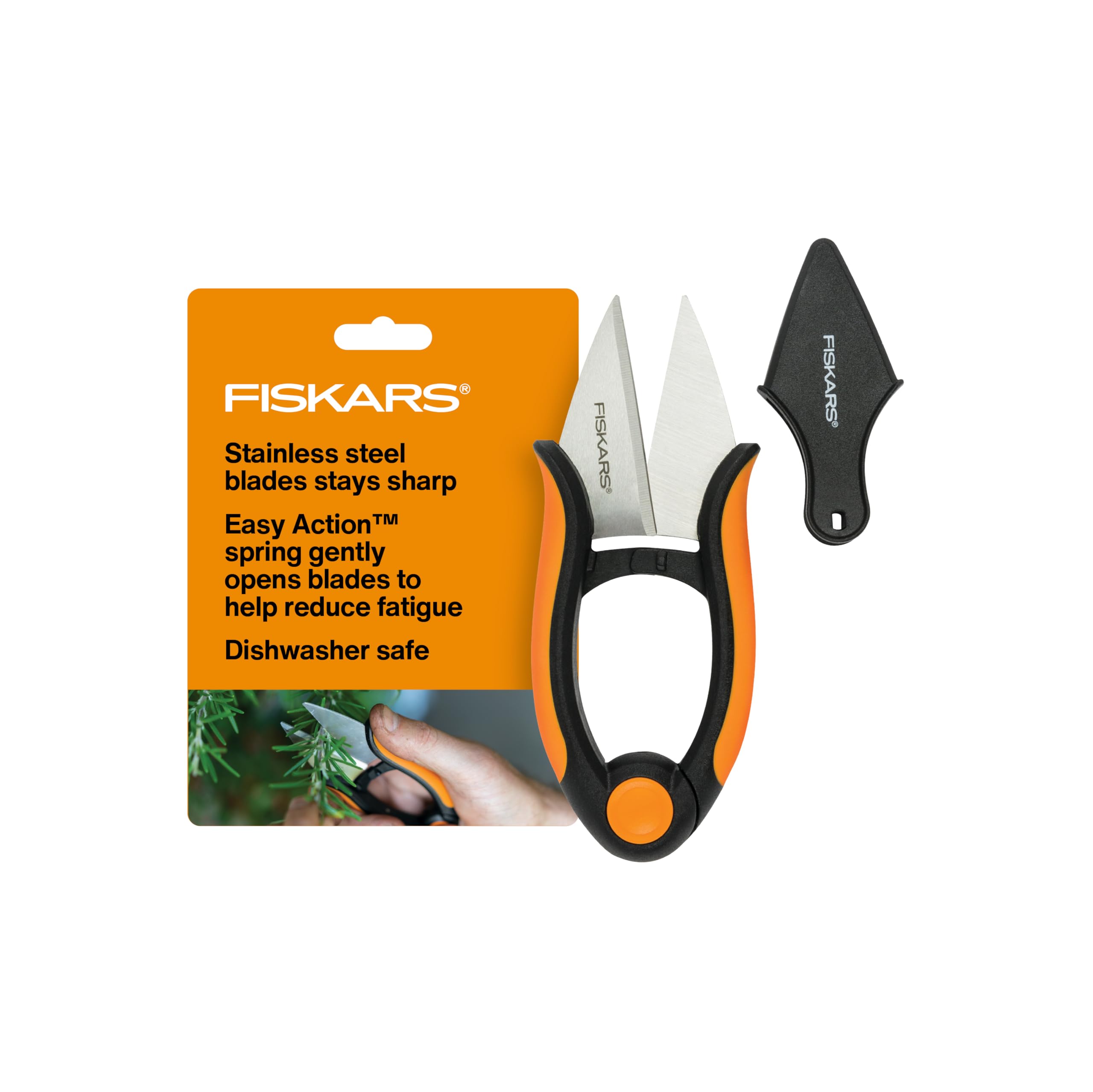 Fiskars herb snips blade close-up showing sharp stainless blades for precise cuts