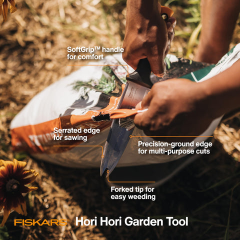 Fiskars Hori Hori blade close-up shows durable stainless steel for lasting sharpness