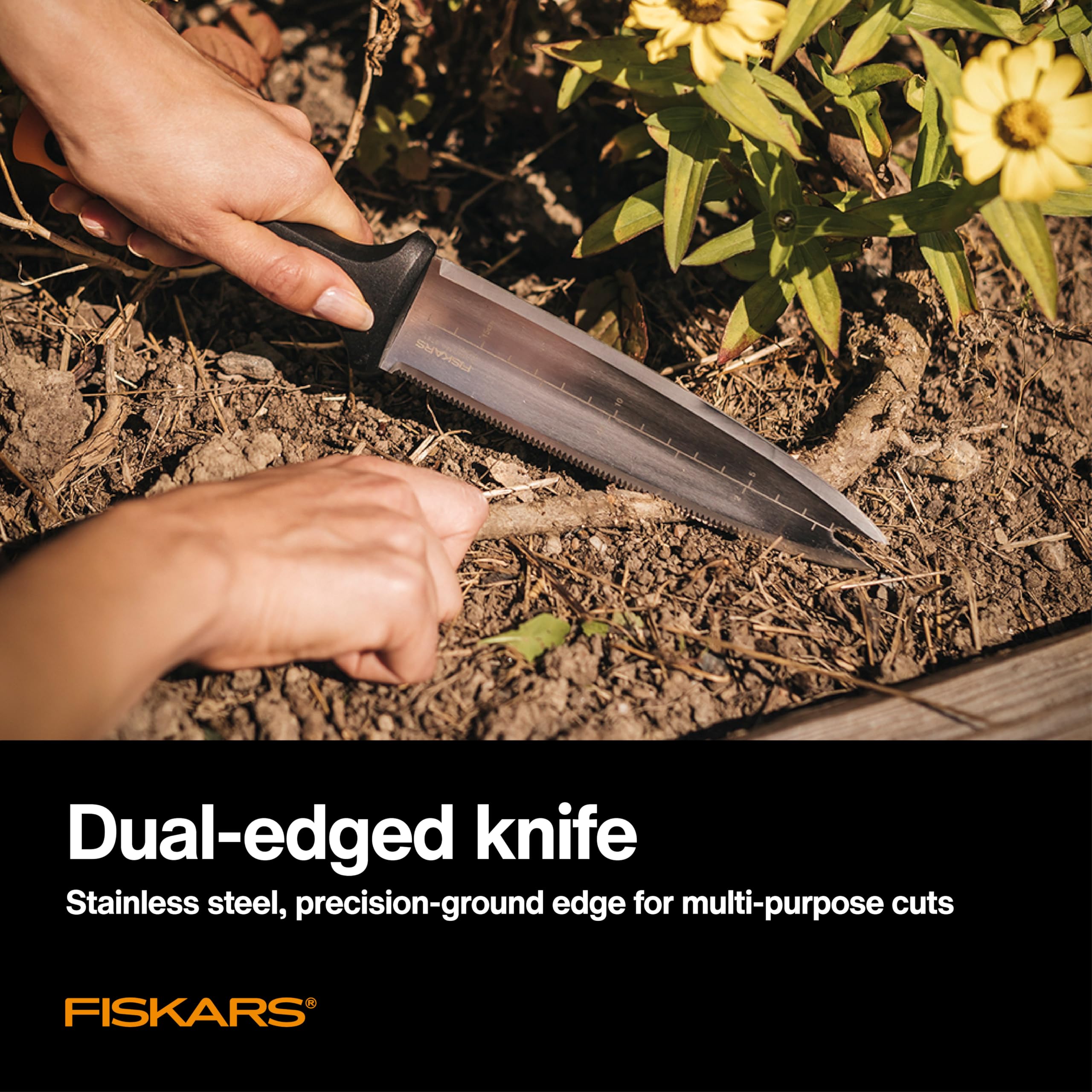 Fiskars Hori Hori forked tip aids precise weeding between plants