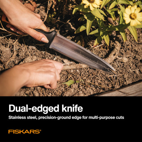 Fiskars Hori Hori forked tip aids precise weeding between plants
