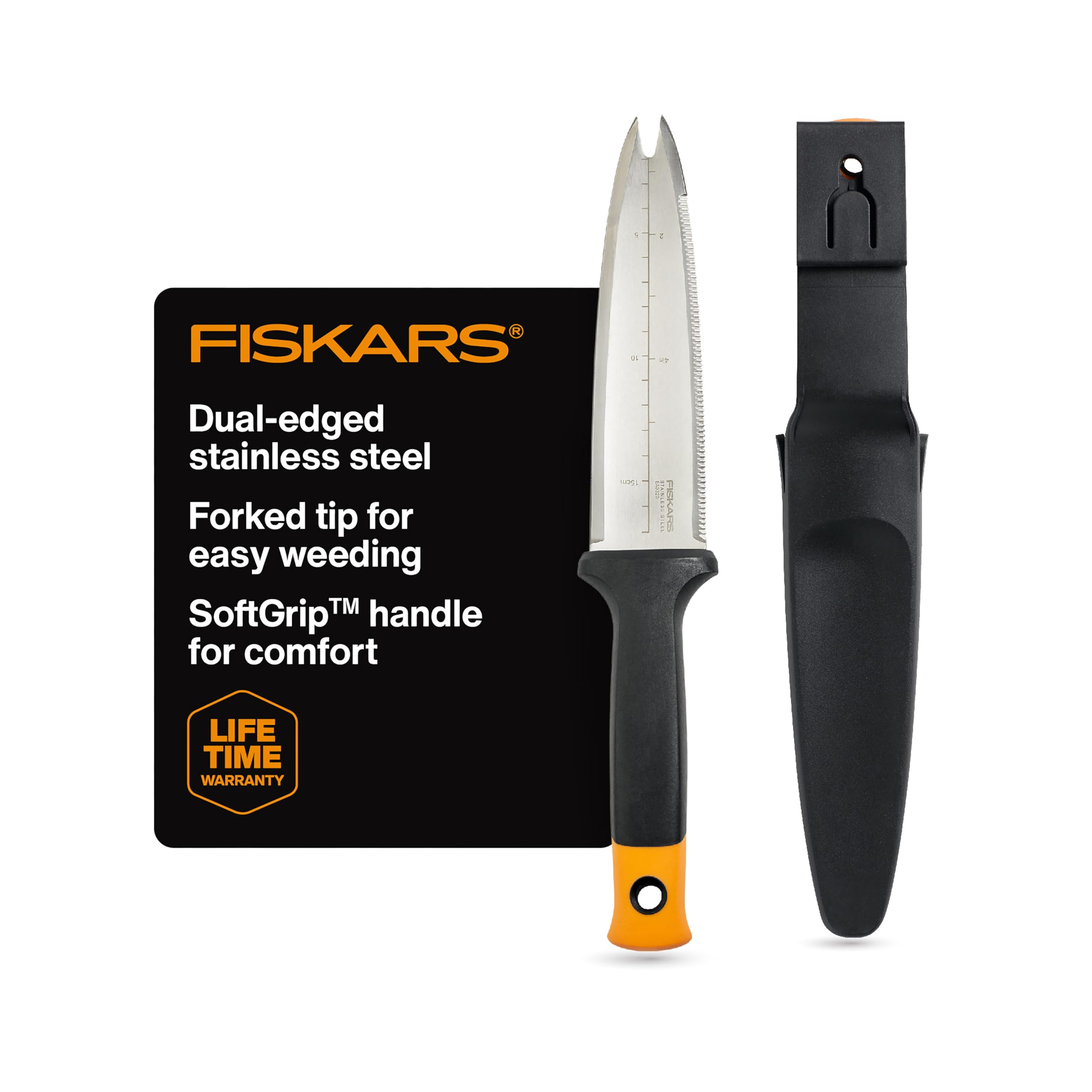 Fiskars Hori Hori knife with sheath for versatile gardening tasks and safe storage