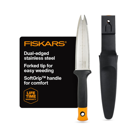 Fiskars Hori Hori knife with sheath for versatile gardening tasks and safe storage