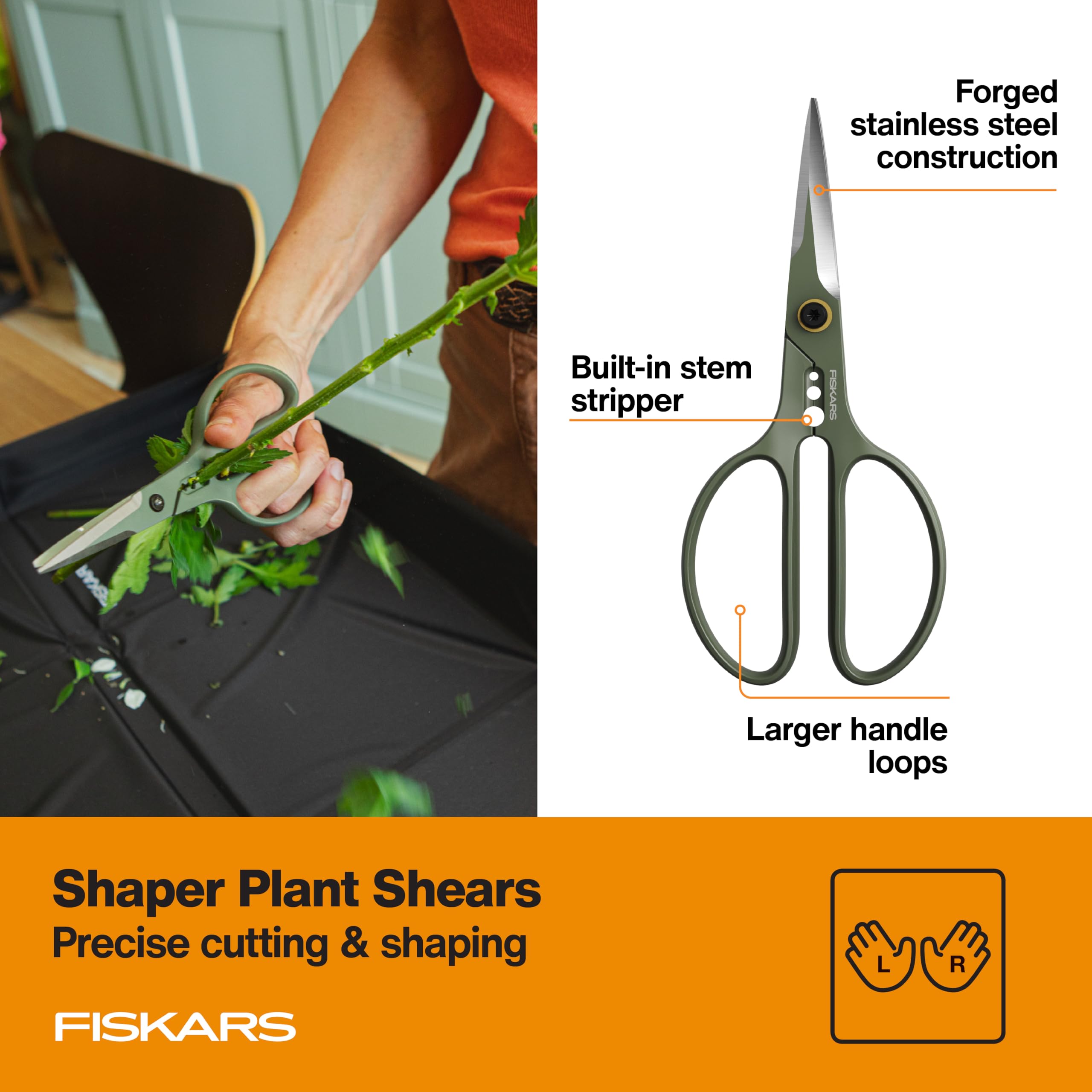 Fiskars bypass pruner enables fast cuts on stems and branches.